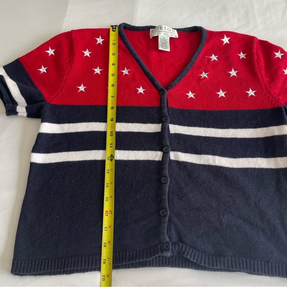 Vintage Norton Studios Red White Blue Americana V-Neck Short Sleeve Cardigan - Picture 12 of 12